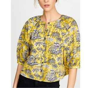 Staud Yellow Floral Button Up Short Sleeve "Dill Top", Size Small